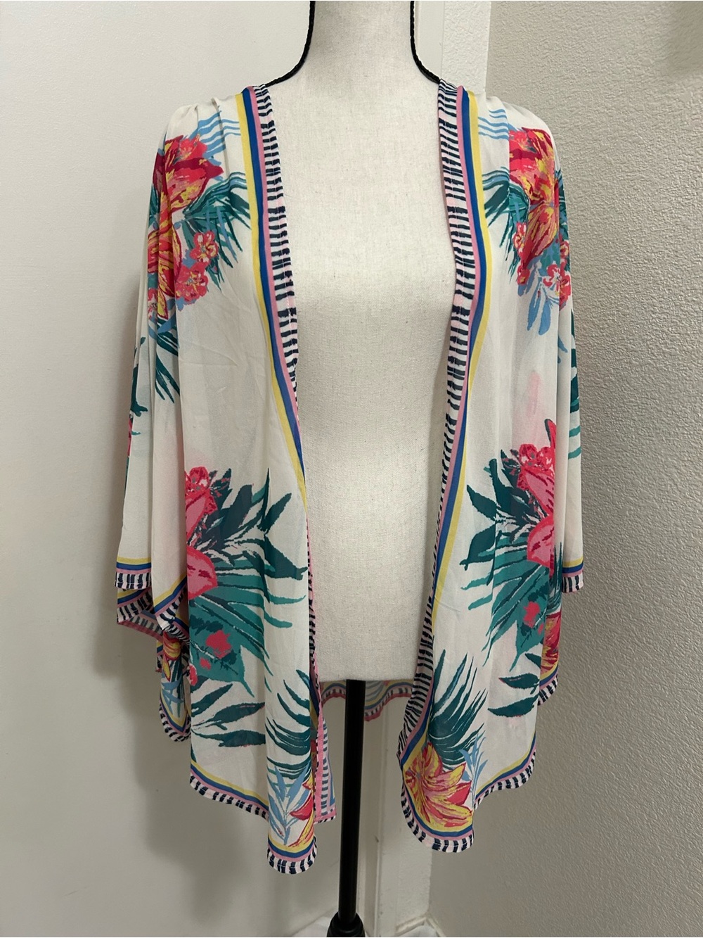 Flying Tomato Swim Cover White Kimono Teal & Pink Accents Beachy Tropical S/M